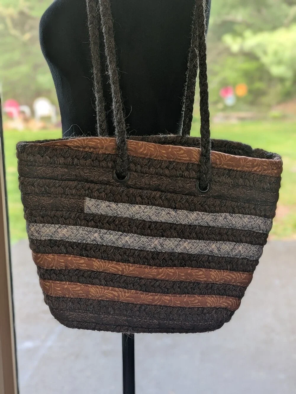Alpaca Wool Striped Woven Tote in Brown, Orange & Blue. Artisanal. Boho.